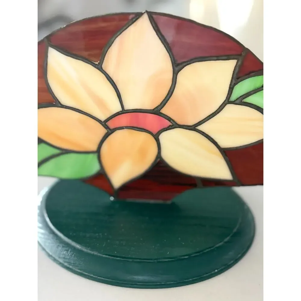 Vintage Stained Glass Flower Panel Wood Stand Tiffany Style Floral Decor